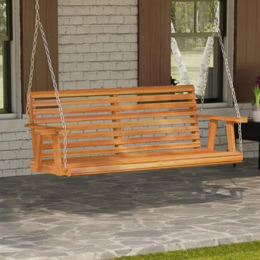 5.5FT Wooden Porch Swing with Cup Holders Chains 880Lbs Weight Capacity for Courtyard Gar