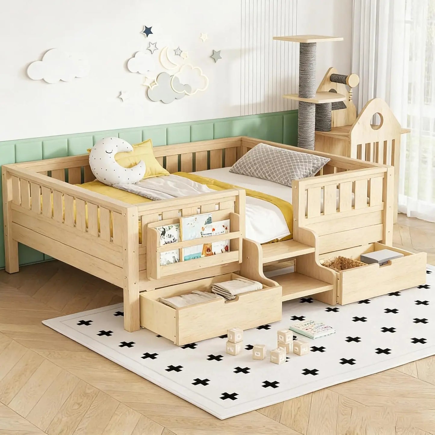 Full Size Kids Montessori Bed Frame with Stairs Bookshelf Drawers Storage Low Profile, 6 different finishes^
differeny
