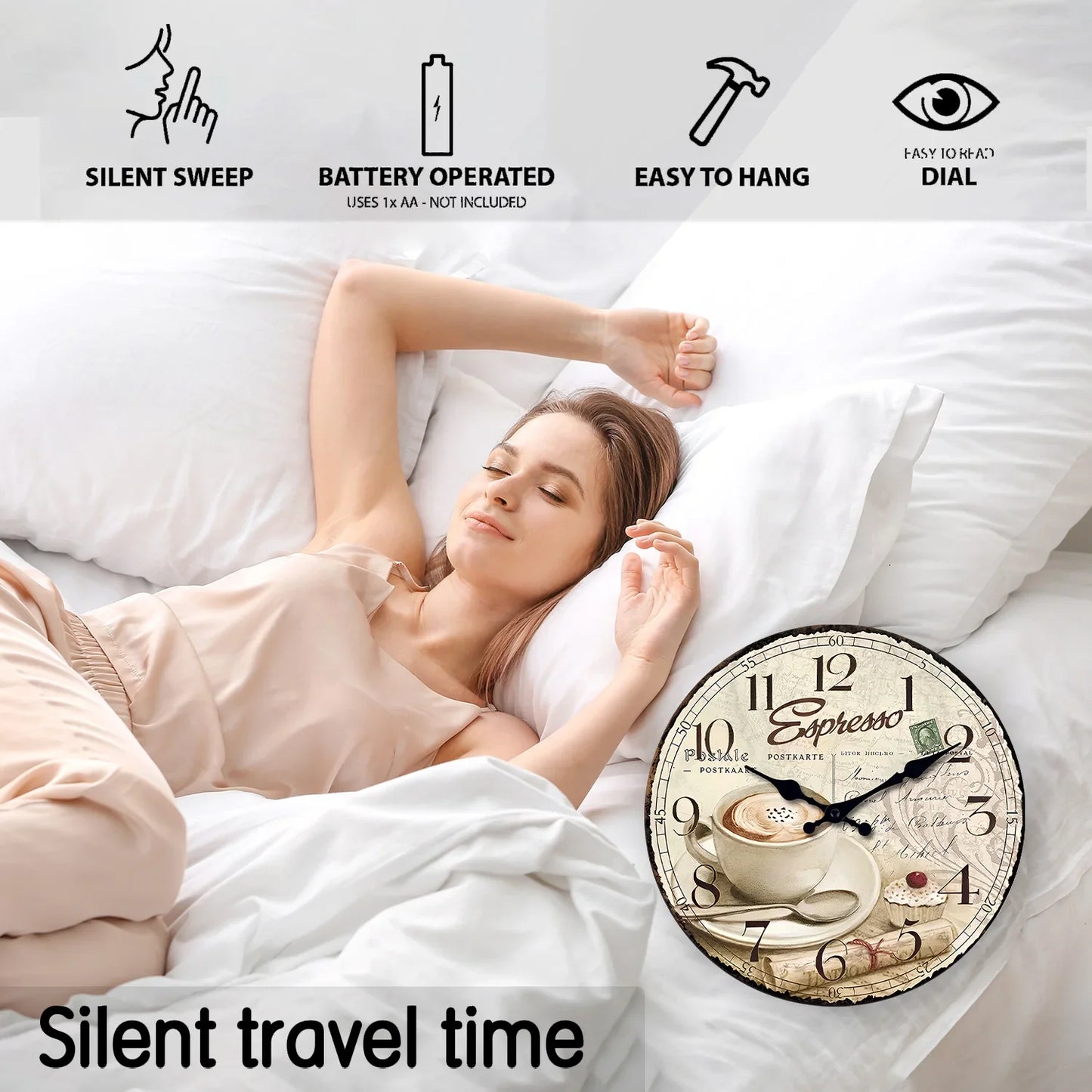 European Retro Coffee Cup Pattern Wooden Wall Clock for Kitchen, Home Decoration, Silent Quartz Clock,