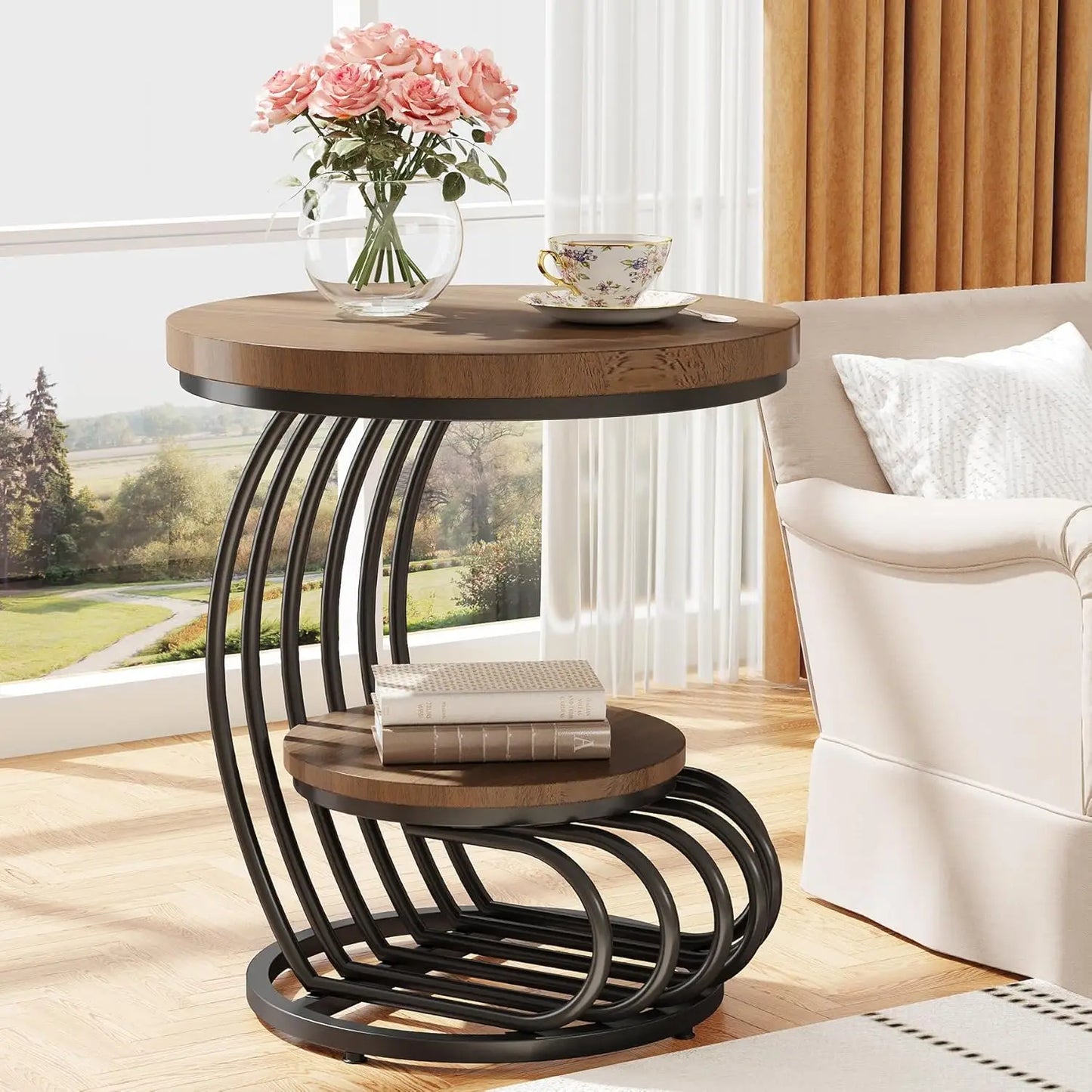 Round End Side Table: Side Small Bedside Table Accent Table with Arc-Shaped Frame