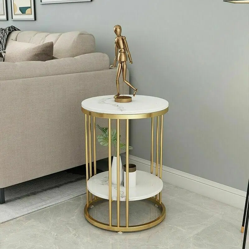 2-Tier White Marble Side Table Round Coffee Table
