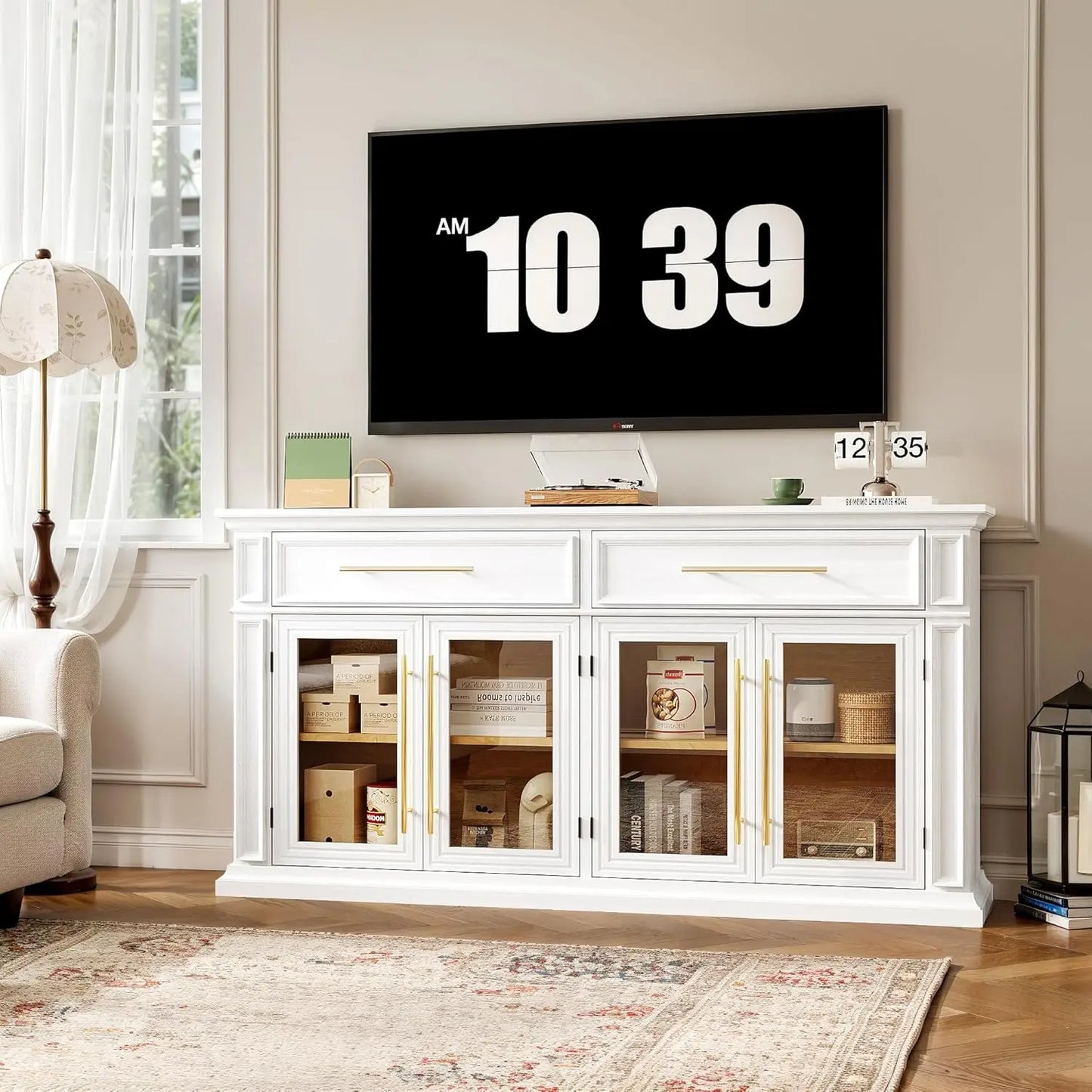 63" Large Sideboard Buffet Cabinet with Storage, 2 Drawers and Glass Doors,, Customized