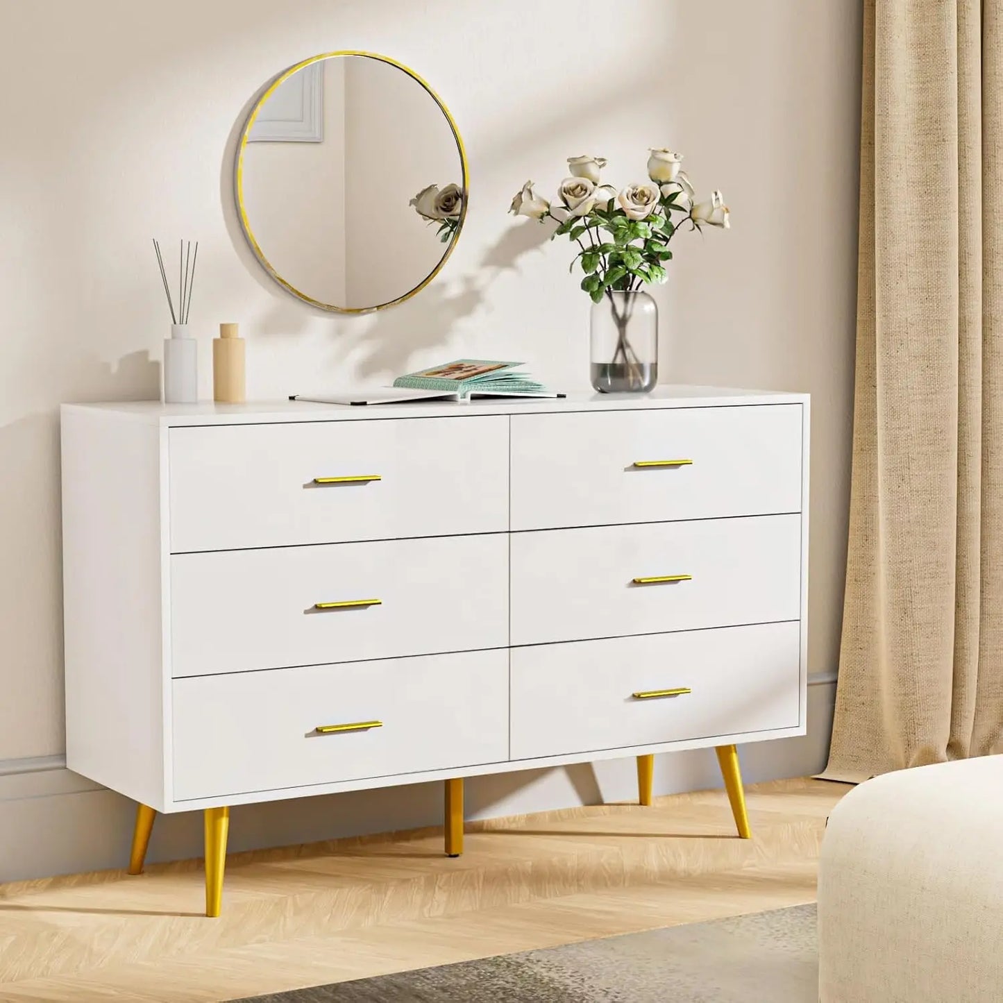 Walnut Brown Dresser 6 Drawer with Wide Drawers and Metal Knob