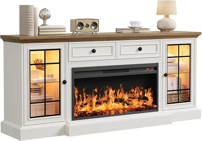 Modern 70 Farmhouse TV Stand with 36 LED Electric Fireplace, Storage Cabinet & Drawer for 80 TVs