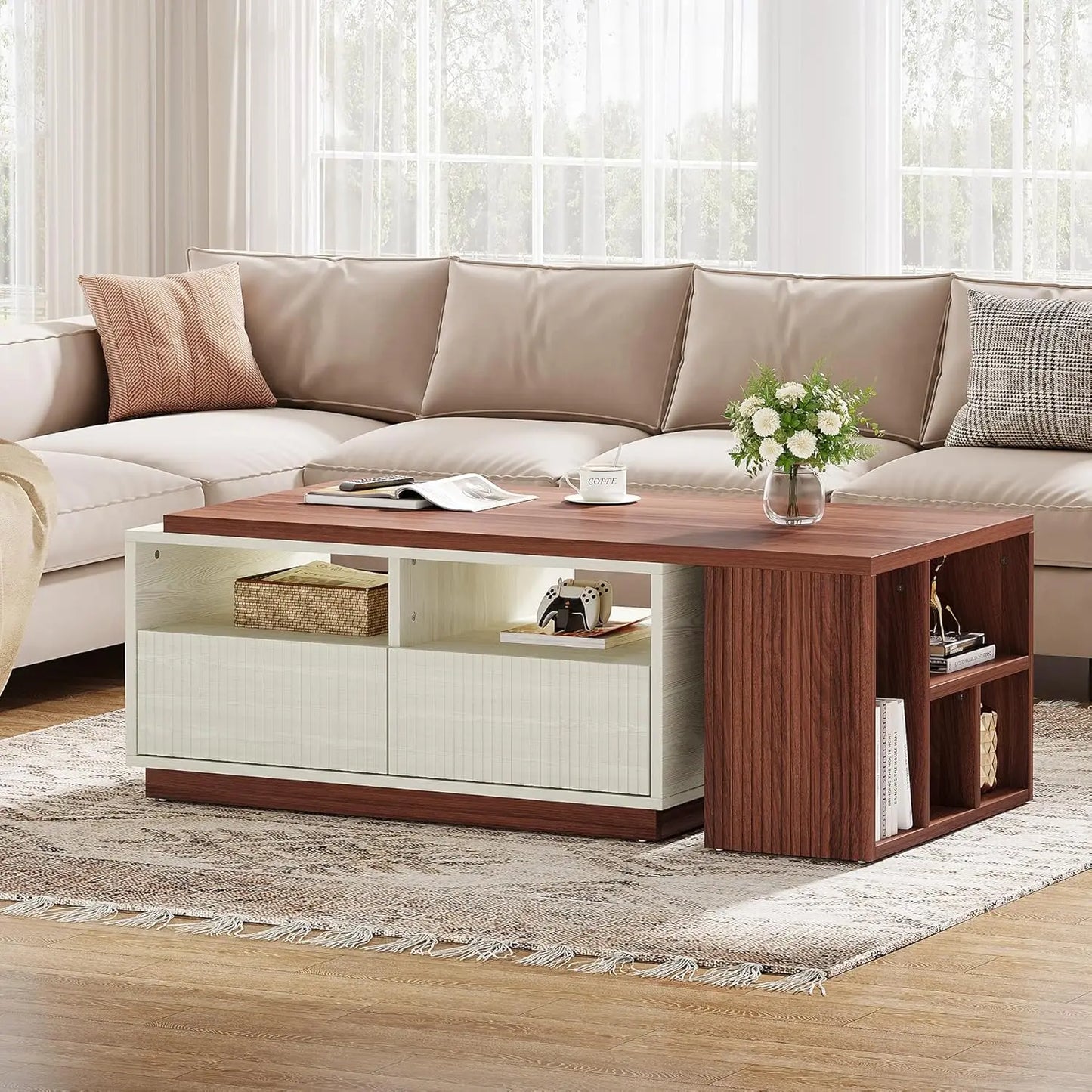 Extendable Coffee Table with 2 Storage Drawers,