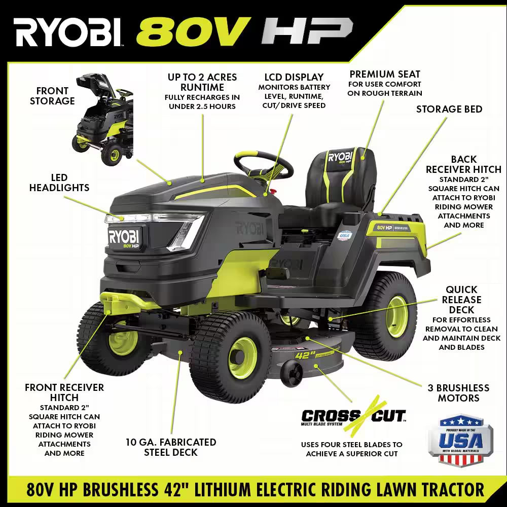 80V HP Brushless 42 In. Battery Electric Cordless Riding Lawn Tractor with (3) 80V 10Ah Batteries and Charger