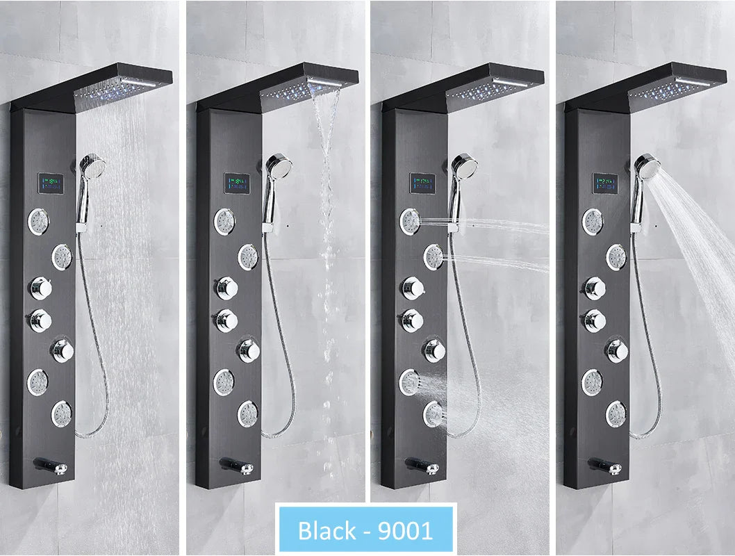 LED Shower Panel Tower System Rain Waterfall Shower LCD Display With Massage  Shower Faucet