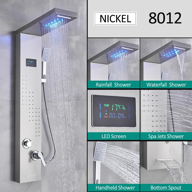 LED Shower Panel Tower System Rain Waterfall Shower LCD Display With Massage  Shower Faucet