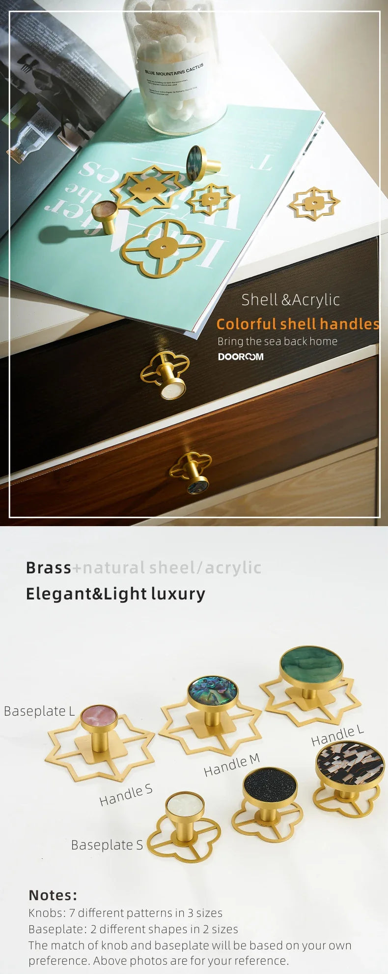 Dooroom Brass Furniture Handles Shell Simple Nordic Pastoral Cupboard Cabinet Drawer Round Colorful Pulls