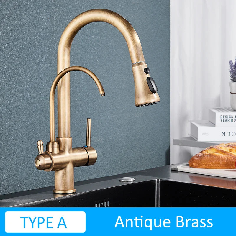 Quyanre Matte Black Filtered Crane For Kitchen Pull Out Spray 360 Rotation Water Sink Mixer Kitchen Faucet