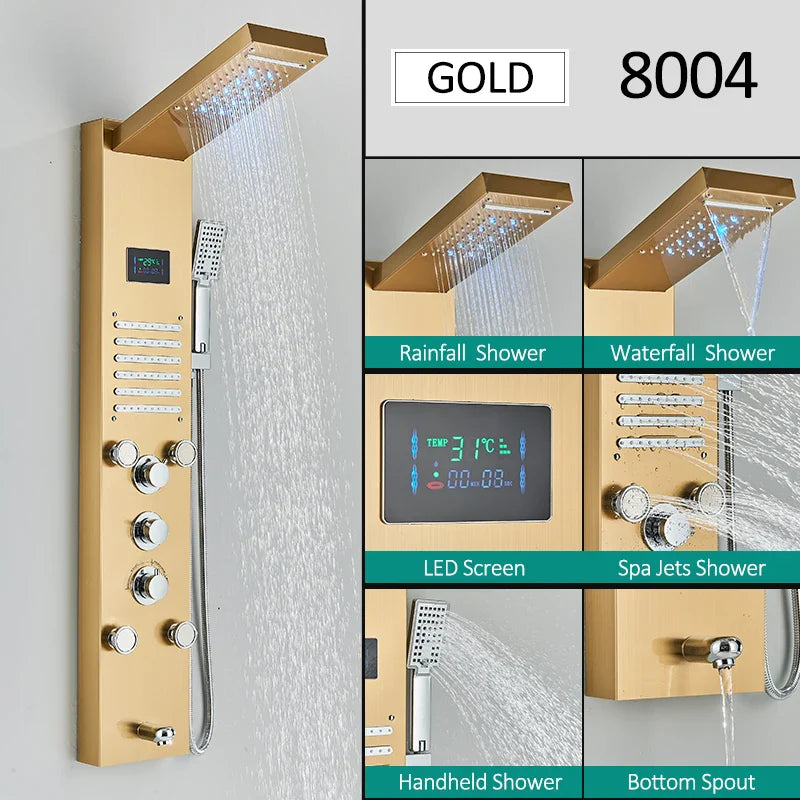 LED Shower Panel Tower System Rain Waterfall Shower LCD Display With Massage  Shower Faucet