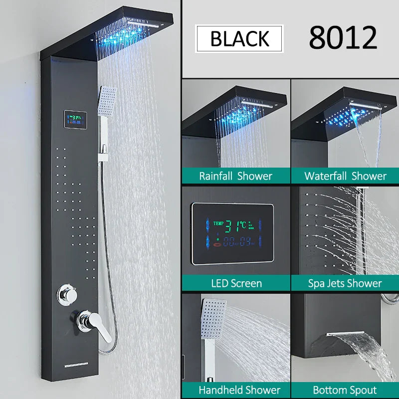 LED Shower Panel Tower System Rain Waterfall Shower LCD Display With Massage  Shower Faucet