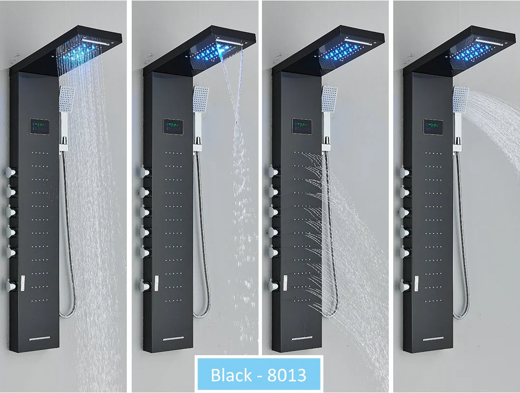 LED Shower Panel Tower System Rain Waterfall Shower LCD Display With Massage  Shower Faucet