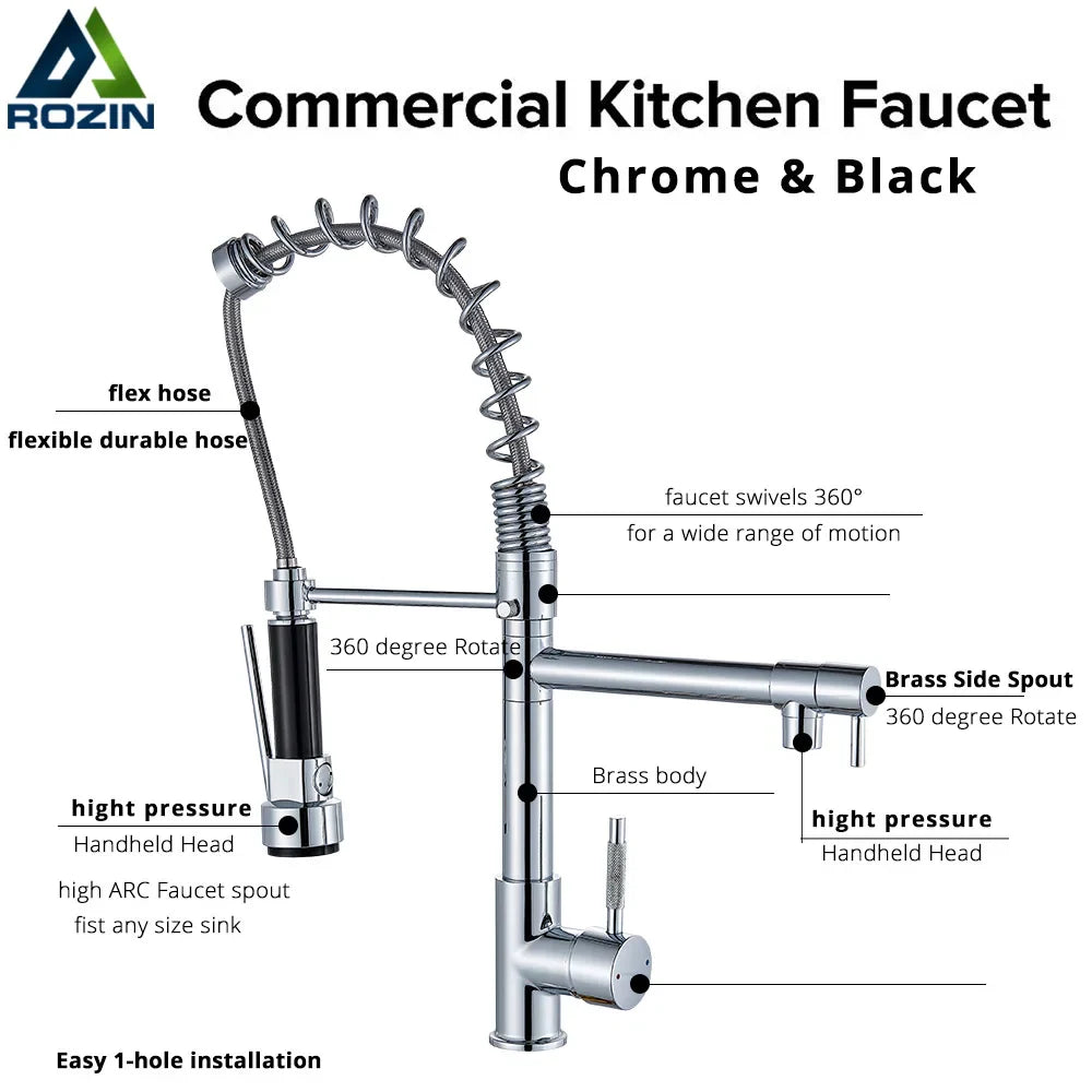 Black Kitchen Faucet With Pull Down Spring Sprayer Deck Mounted Hot and Cold Water Mixer