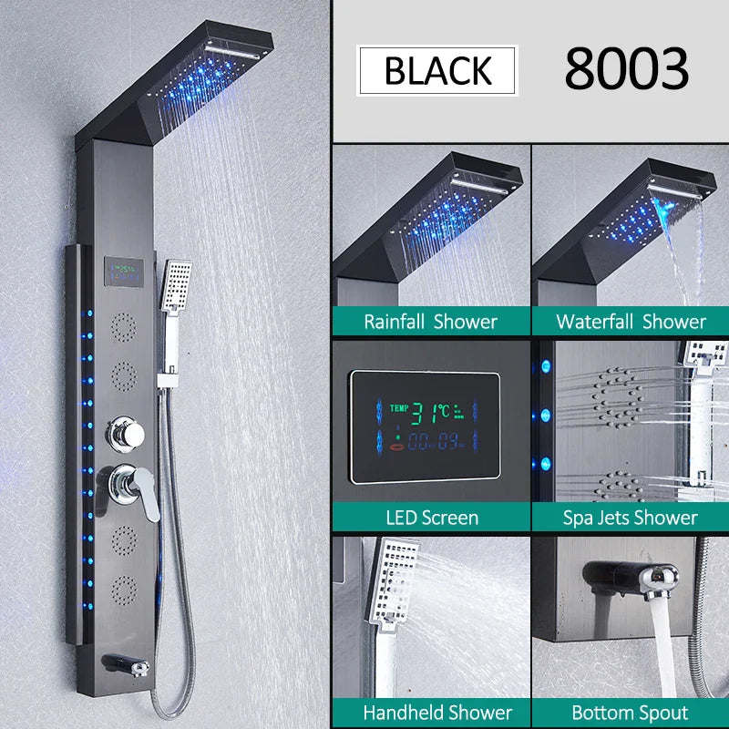 LED Shower Panel Tower System Rain Waterfall Shower LCD Display With Massage  Shower Faucet
