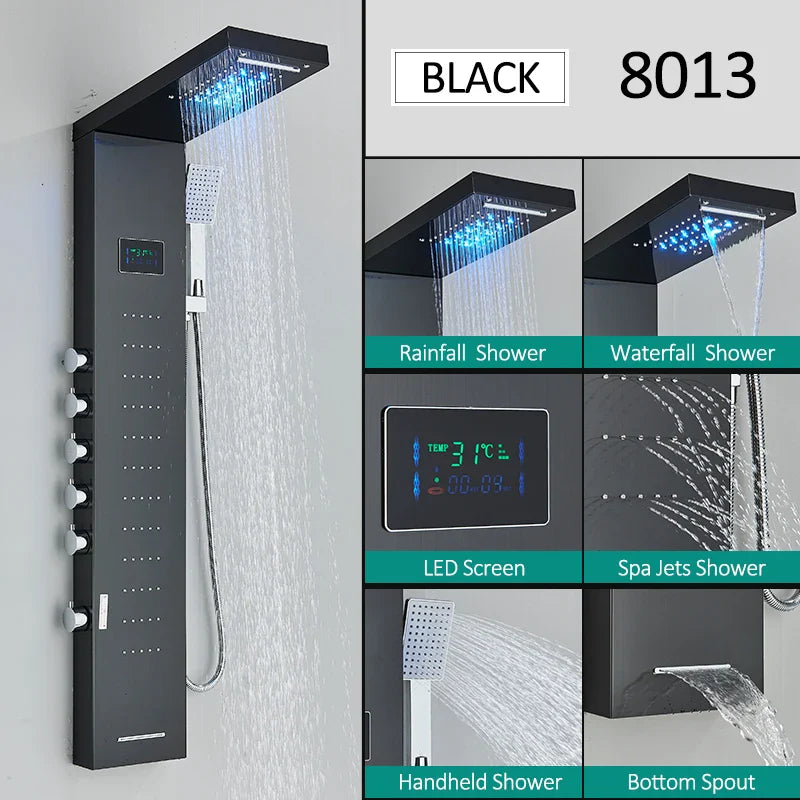 LED Shower Panel Tower System Rain Waterfall Shower LCD Display With Massage  Shower Faucet