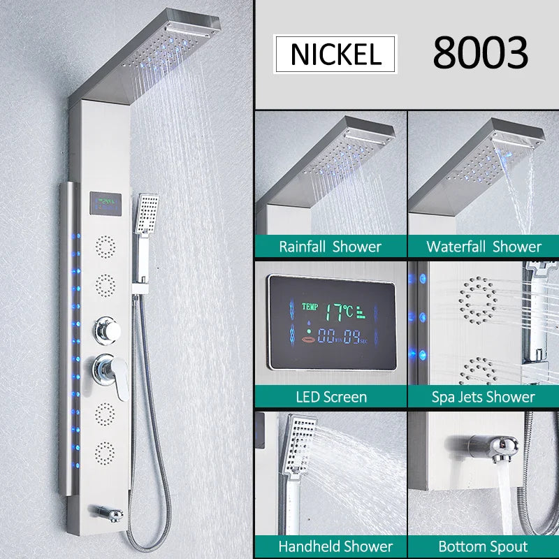LED Shower Panel Tower System Rain Waterfall Shower LCD Display With Massage  Shower Faucet