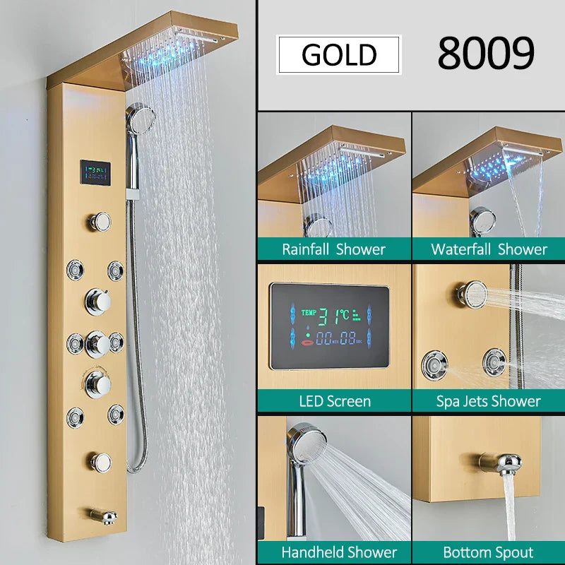 LED Shower Panel Tower System Rain Waterfall Shower LCD Display With Massage  Shower Faucet