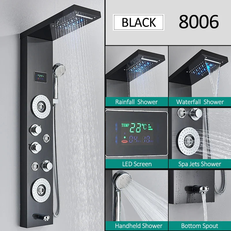 LED Shower Panel Tower System Rain Waterfall Shower LCD Display With Massage  Shower Faucet