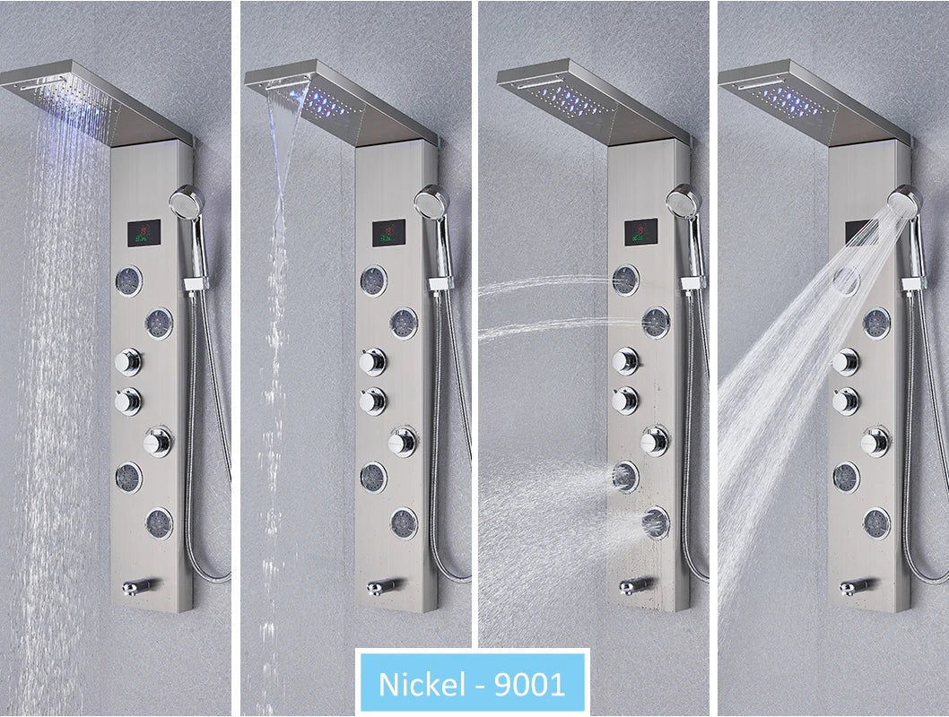 LED Shower Panel Tower System Rain Waterfall Shower LCD Display With Massage  Shower Faucet