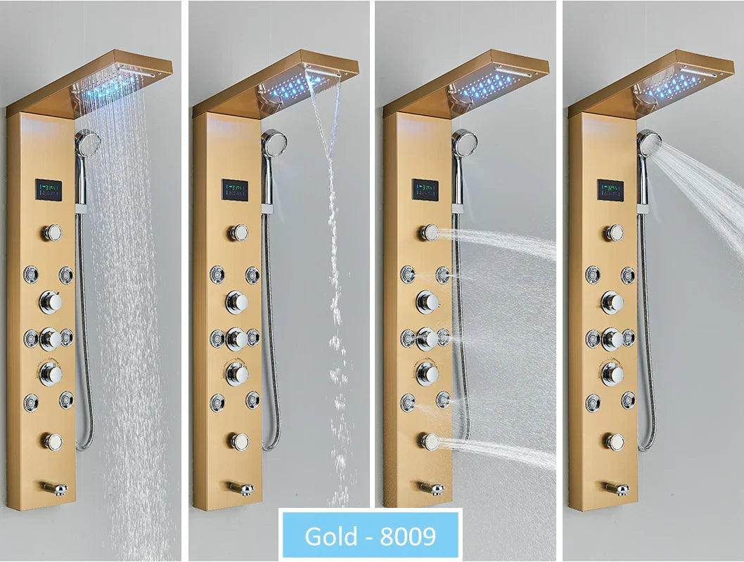 LED Shower Panel Tower System Rain Waterfall Shower LCD Display With Massage  Shower Faucet