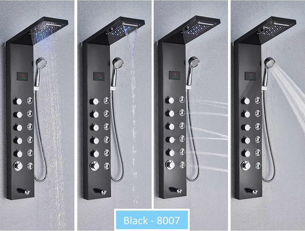 LED Shower Panel Tower System Rain Waterfall Shower LCD Display With Massage  Shower Faucet