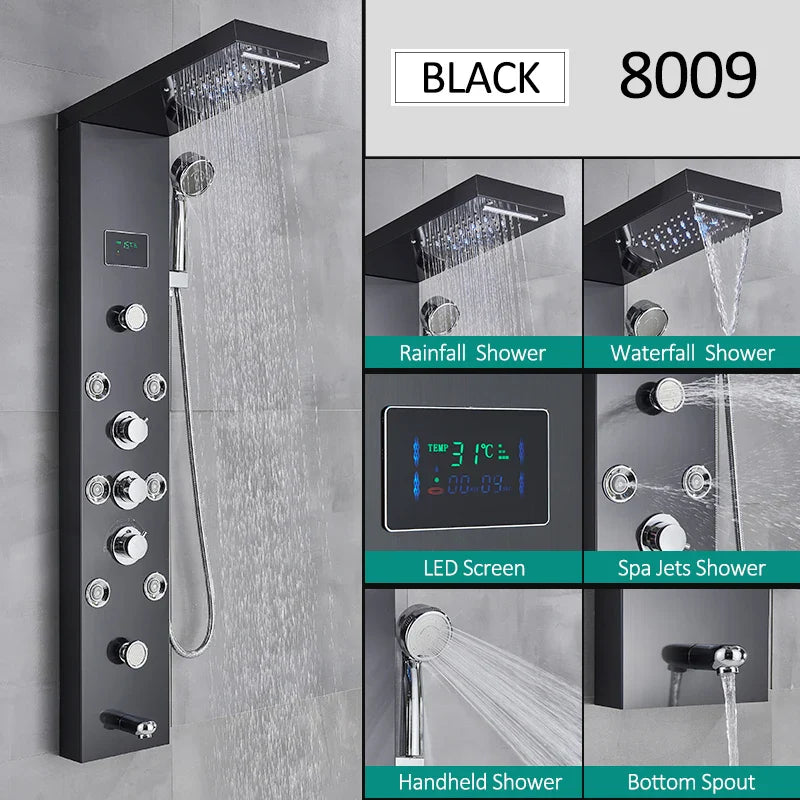 LED Shower Panel Tower System Rain Waterfall Shower LCD Display With Massage  Shower Faucet