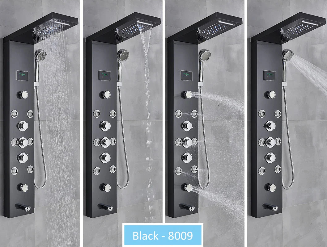 LED Shower Panel Tower System Rain Waterfall Shower LCD Display With Massage  Shower Faucet