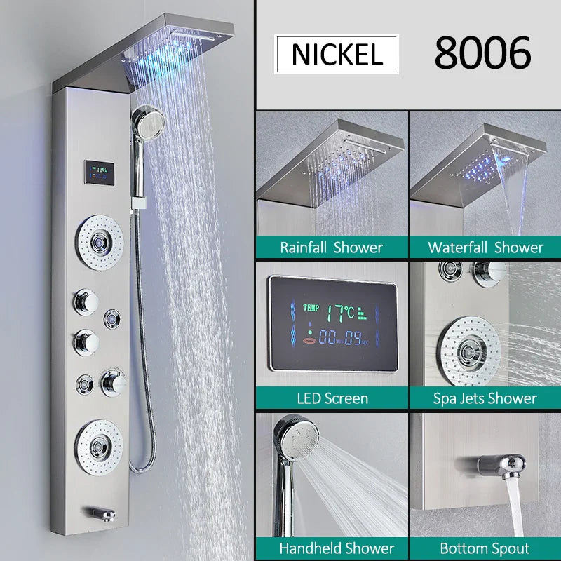 LED Shower Panel Tower System Rain Waterfall Shower LCD Display With Massage  Shower Faucet