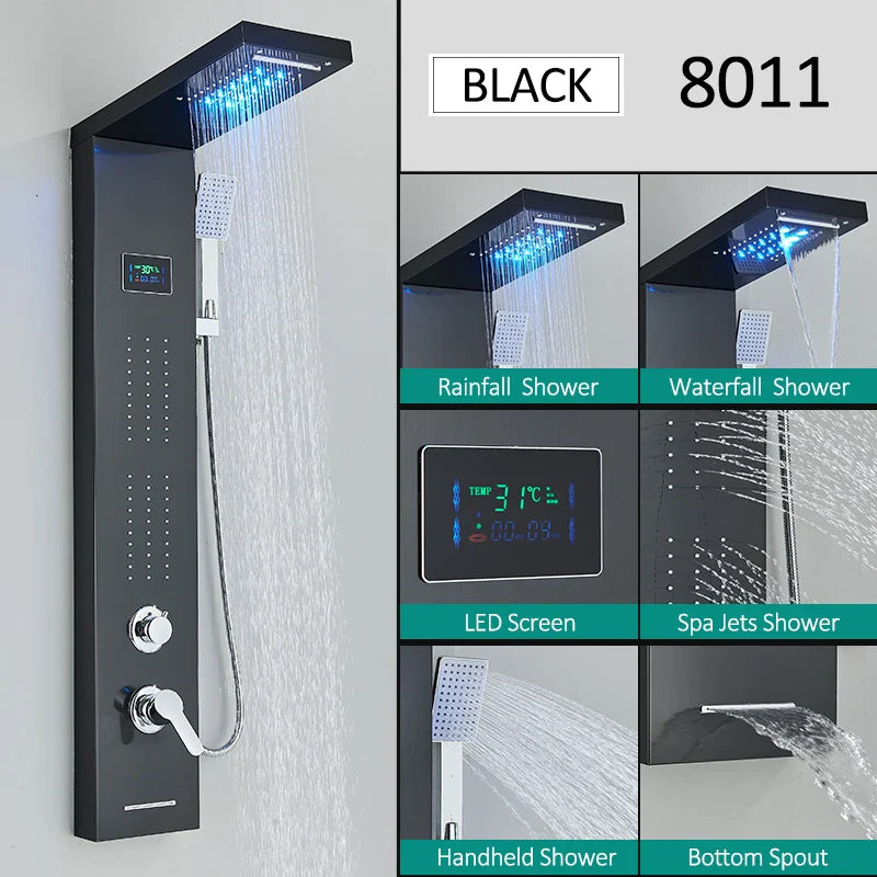 LED Shower Panel Tower System Rain Waterfall Shower LCD Display With Massage  Shower Faucet