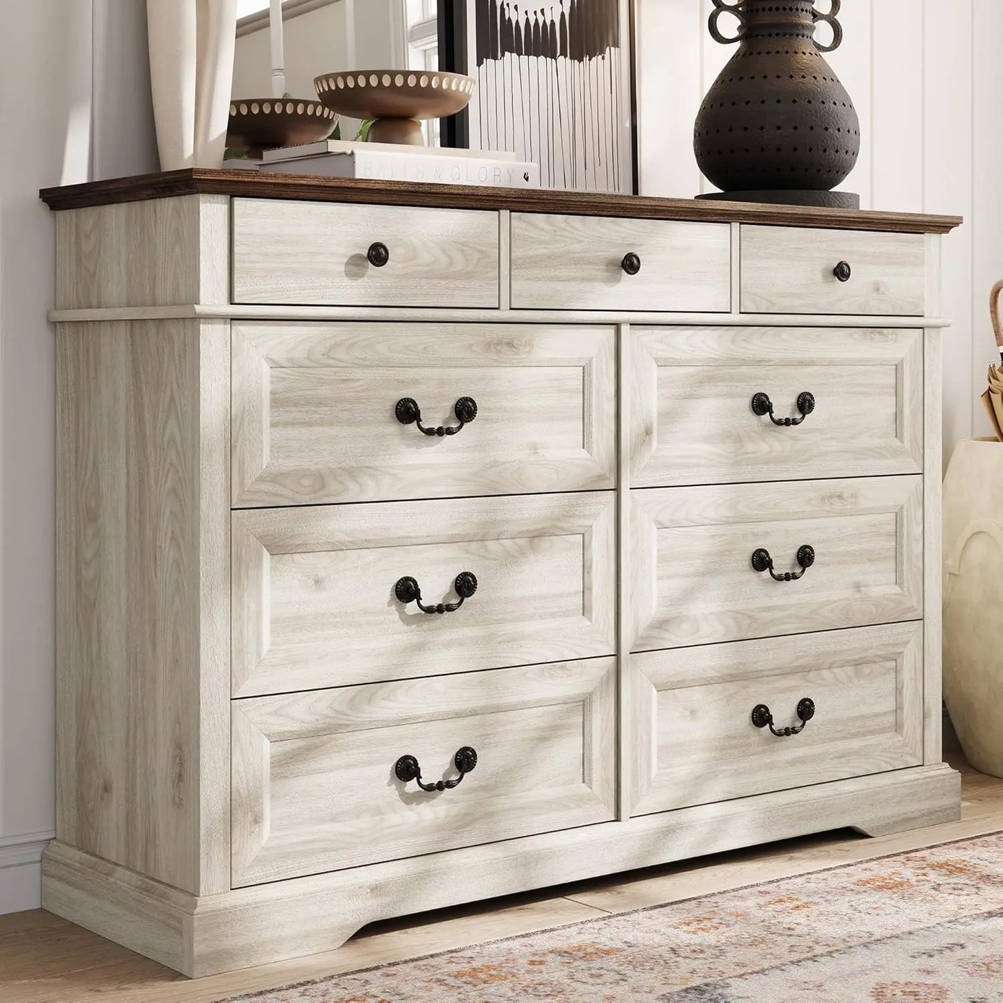 Farmhouse 9-Drawer Wood Dresser for Bedroom, Wide Chest Storage Organizer in Beige