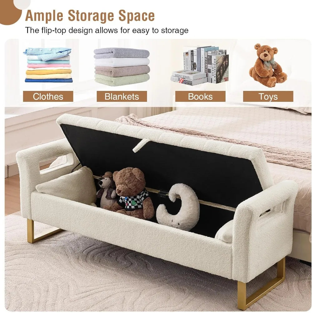 66'' King Size Storage Bench with Gold Legs, Cream White Teddy Ottoman