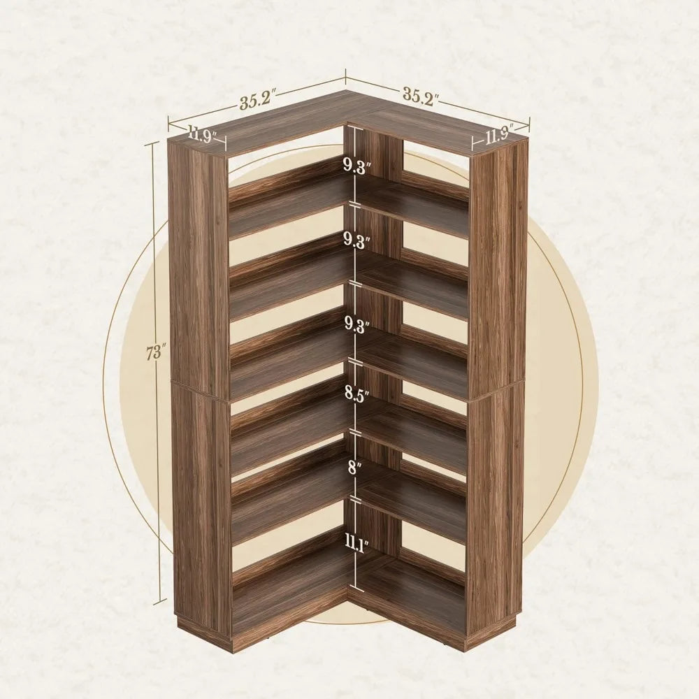 73 Inch Tall Wooden 7-Tier Corner Bookshelf  Ideal for Living Room