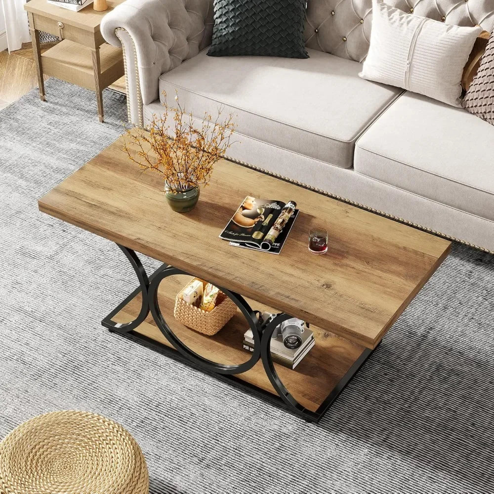 47" Rustic Farmhouse Coffee Table - 2-Tier Wooden Rectangle Center Table