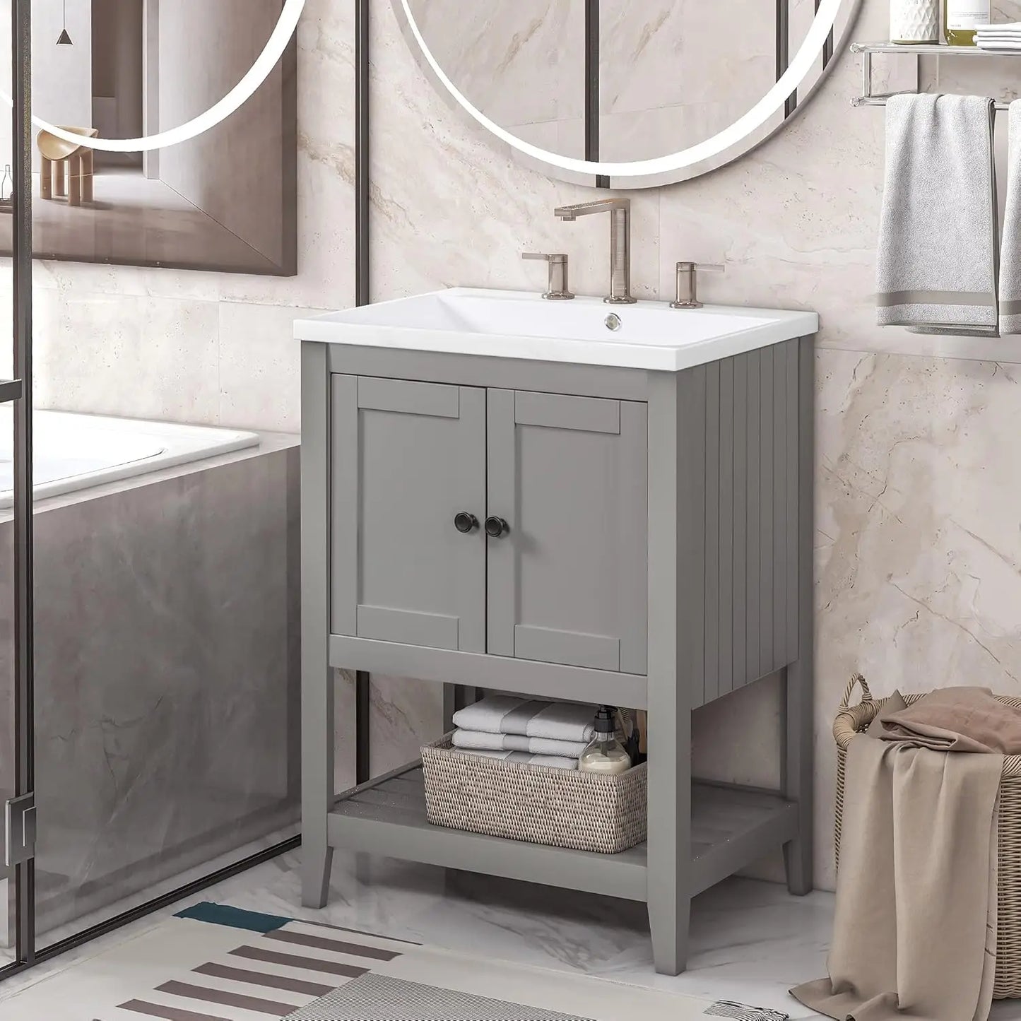24 Inch Bathroom Vanity Sink Cabinet Solid Wood Door Open Shelf