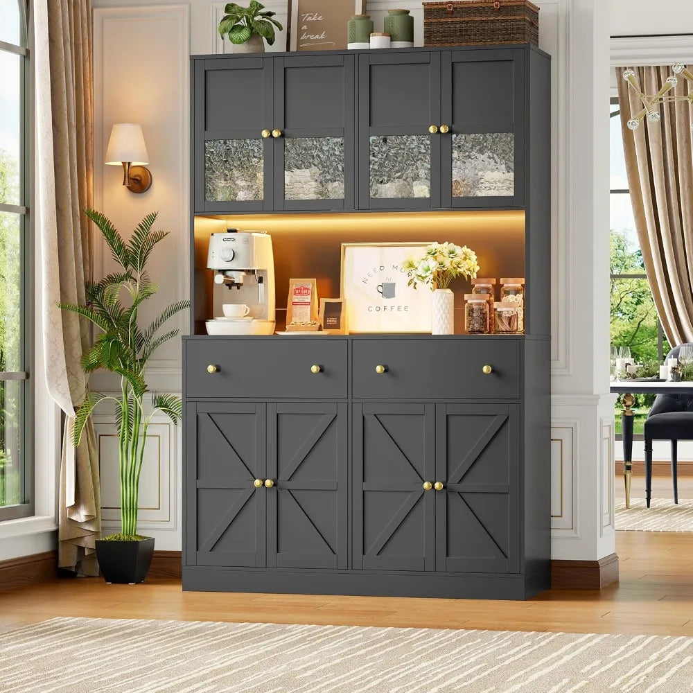 71 Inch Pantry with LED Light and Charging Station, Farmhouse Kitchen Pantry