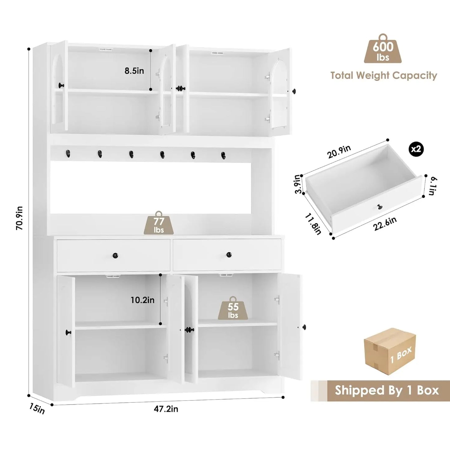 71" LED Kitchen Pantry Cabinet with Power Outlet, with Arched Door & Shelves