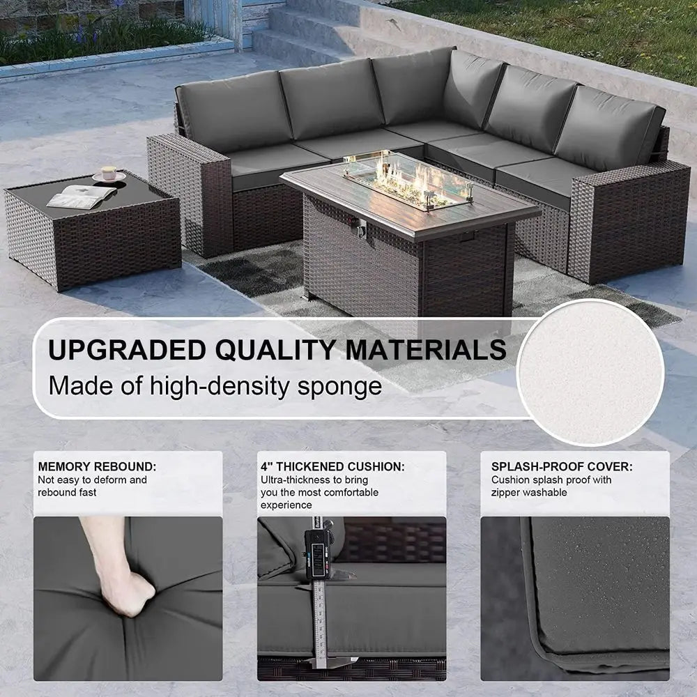 7-Piece Outdoor Patio Furniture Set with 43 Gas Propane Fire Pit Table and Wicker Rattan  Sofa, Grey