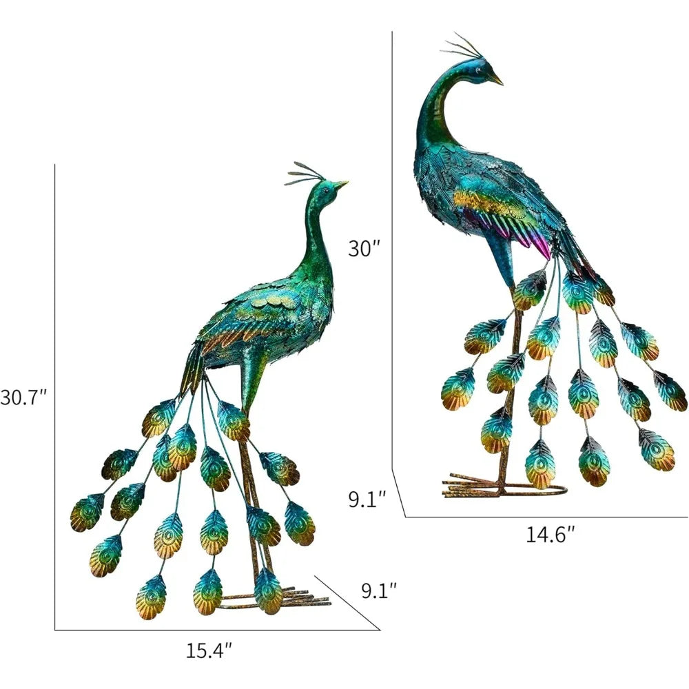 Metal Peacock Sculptures - Set of 2 Outdoor Garden Yard Art,  Hand-Painted, 30.7
