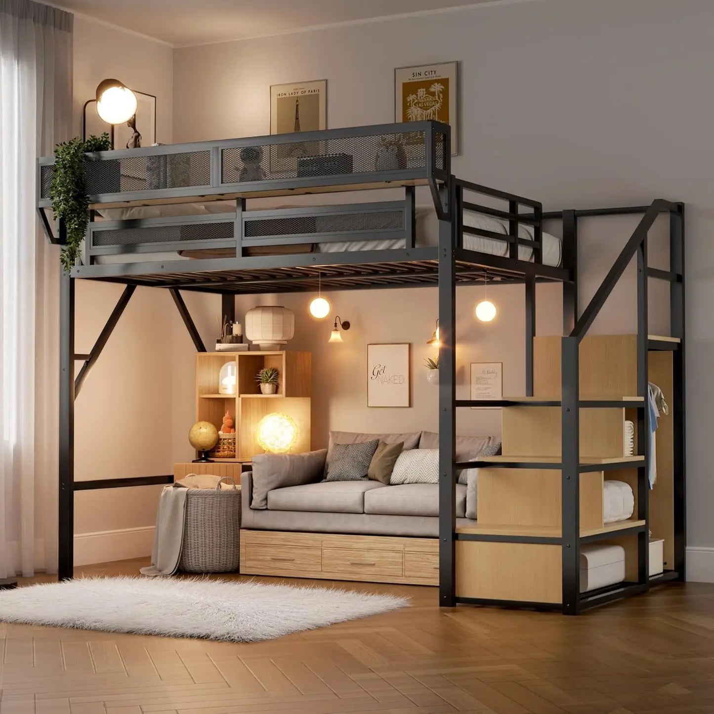 Full Size Loft Bed With Stairs And Storage, Metal Loft Bed Frame WithLarge Under-Bed Space