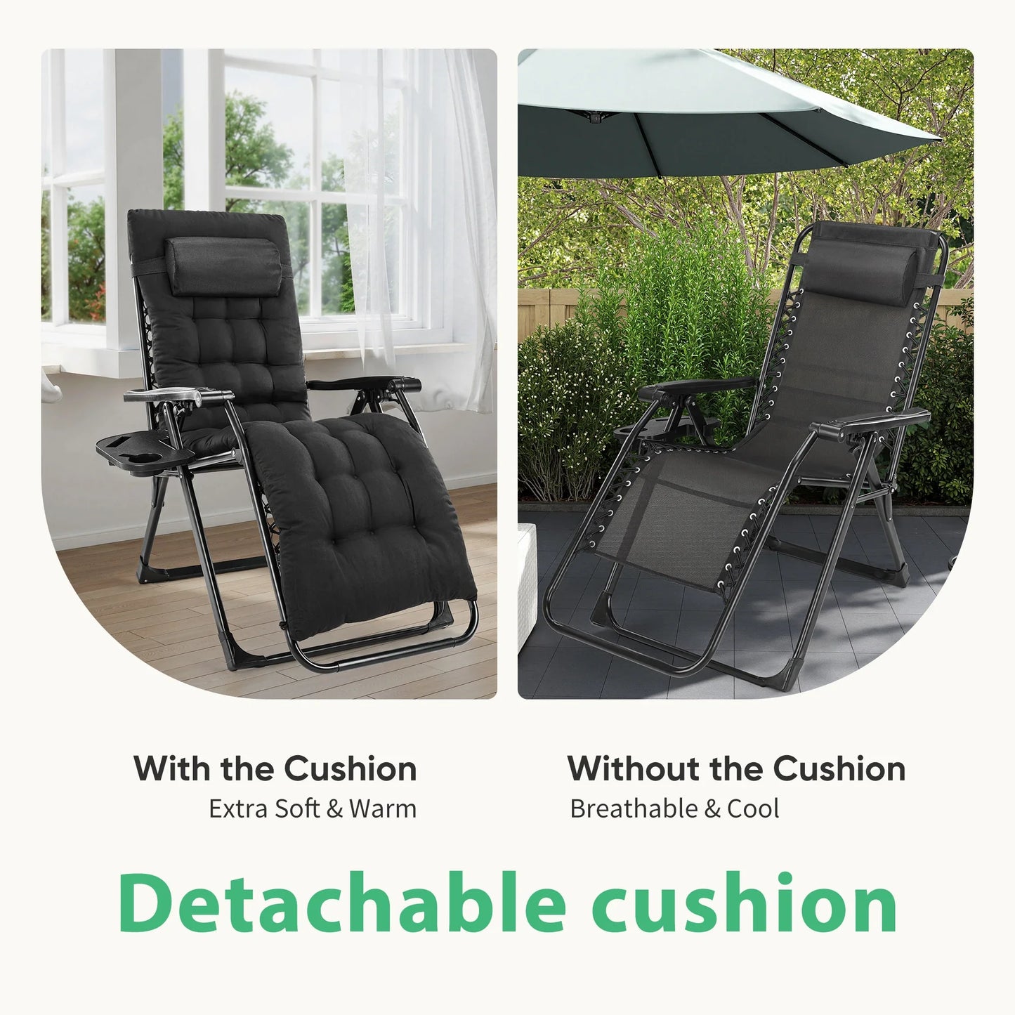 JHK Zero Gravity Recliner Camping Patio Lounge Chair  with Cup Holder  Removable Cushion For Outdoor Garden