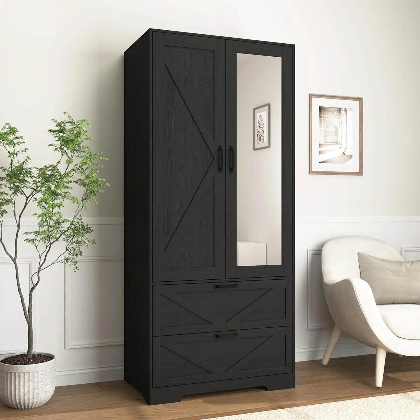 3 Door Armoire Wardrobe Closet with 2 Drawers, Hanging Rod & Lights,,