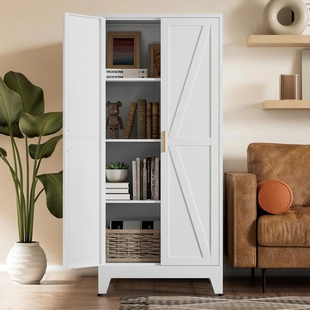 Exquisite White Farmhouse Storage Pantry Cabinet with 2 Barn Door, 3 Adjustable Shelves and Legs, Cupboard/Dining Ro