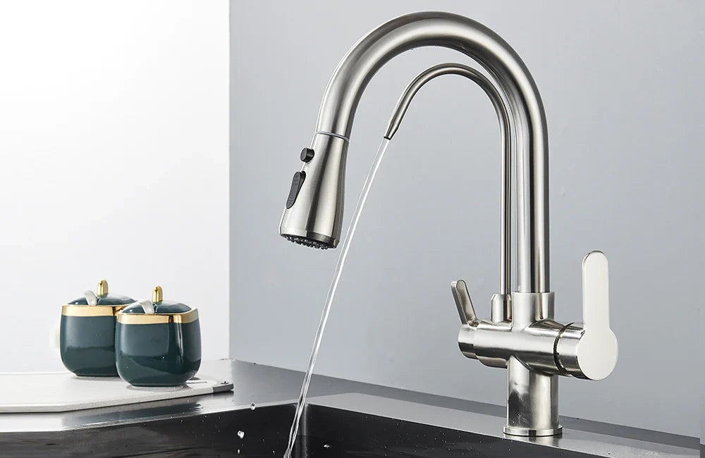 Quyanre Matte Black Filtered Crane For Kitchen Pull Out Spray 360 Rotation Water Sink Mixer Kitchen Faucet