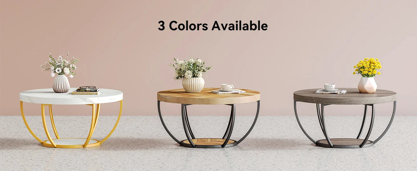 32" Circle Marble Coffee Tables, 2-Tier Golden Metal Legs