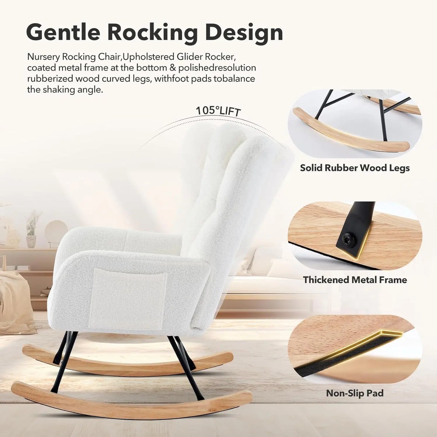 Modern Upholstered Nursery Rocking Chairs, with Side Pocket High Back Teddy Boucle  4 colors