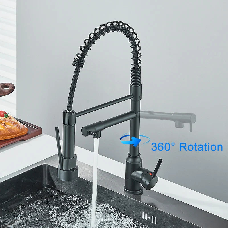 Black Kitchen Faucet With Pull Down Spring Sprayer Deck Mounted Hot and Cold Water Mixer
