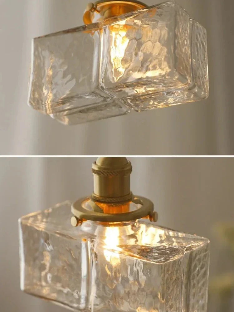 Japanese Retro Glass Pendant Light Yellow Copper Bedroom Chandelier Lightingt