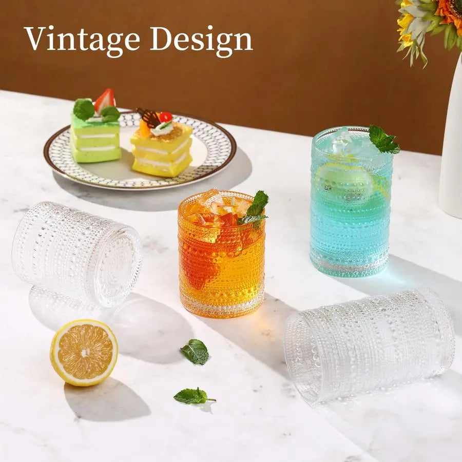 Hobnail Drinking Glasses Set of 12, 12 Oz Highball Glasses amp 10 Oz Cocktail Glasses,