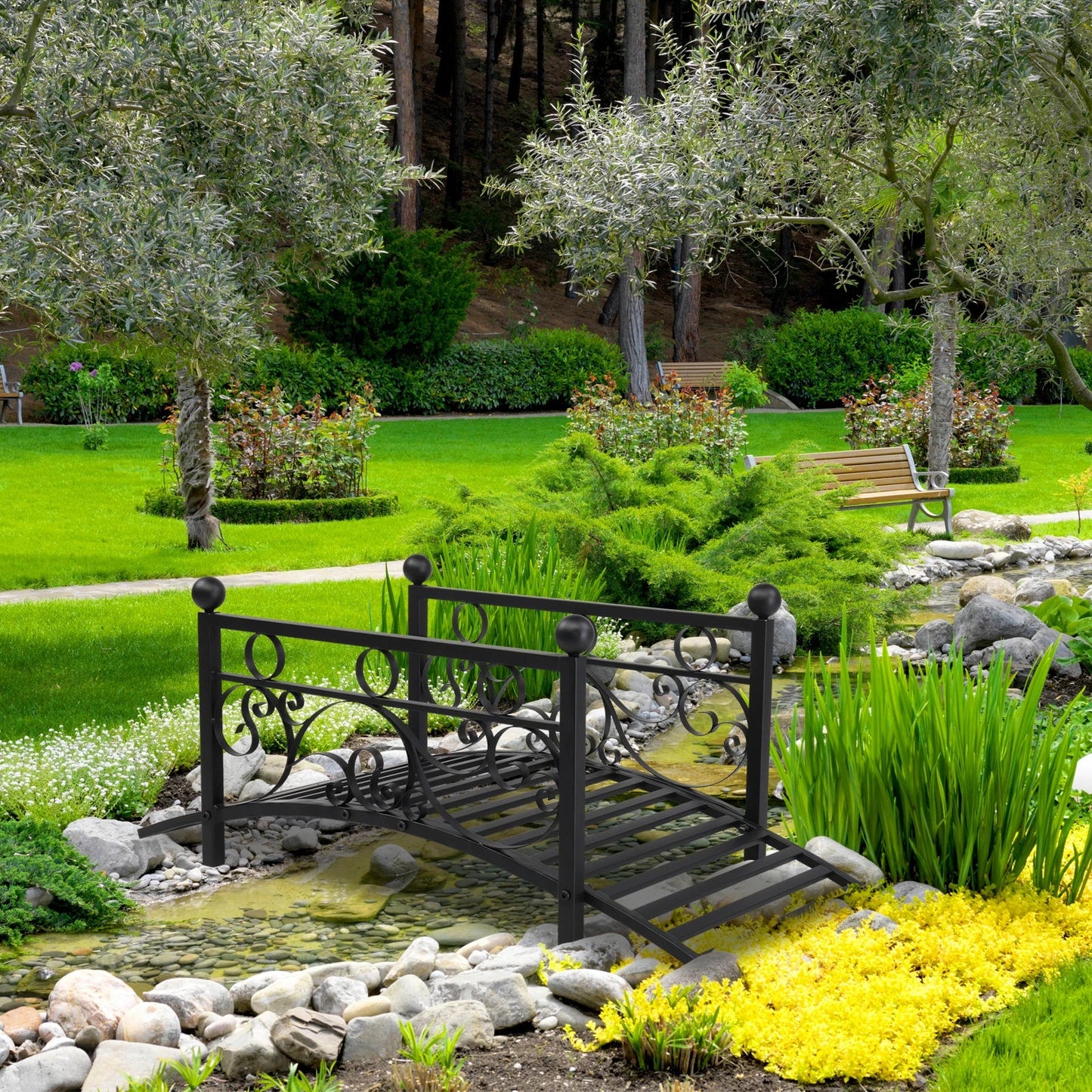 Garden iron bridge, with round iron ball flat-top handrails, black